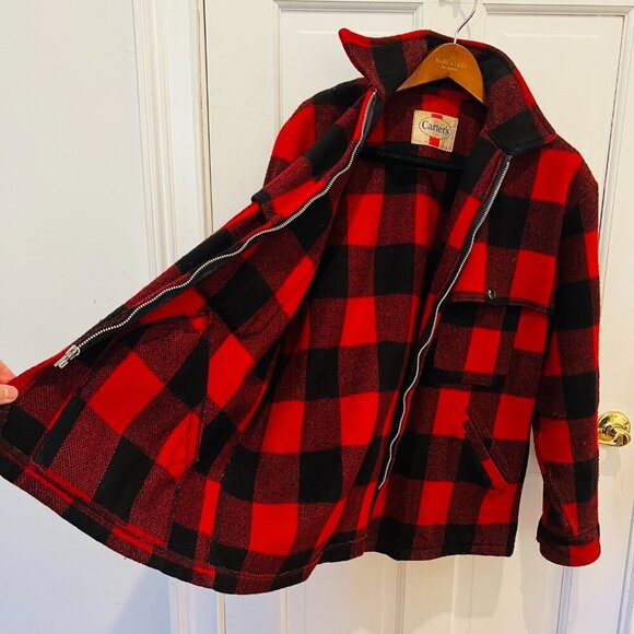 Vintage 40s Men’s Carter’s Red Black Buffalo Plaid Wool Work Wear Jacket Coat M - Picture 5 of 16